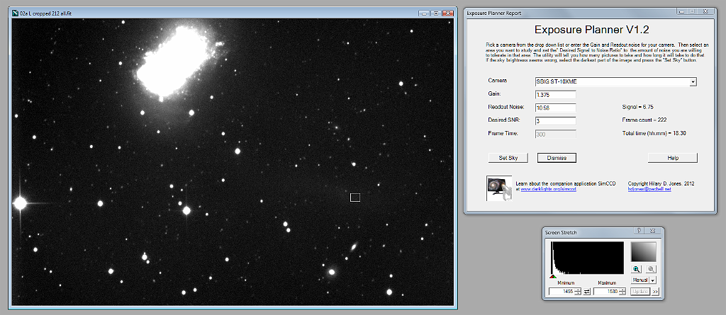 09c Exposure Planner (tidal stream).png - NGC 4449 has a tidal stream that was only recently discovered.  I would need 18 hours and 30 minutes to capture it, and even then the signal to noise ratio would only be 3.